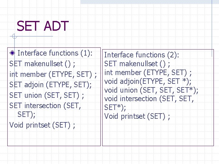 SET ADT Interface functions (1): SET makenullset () ; int member (ETYPE, SET) ;