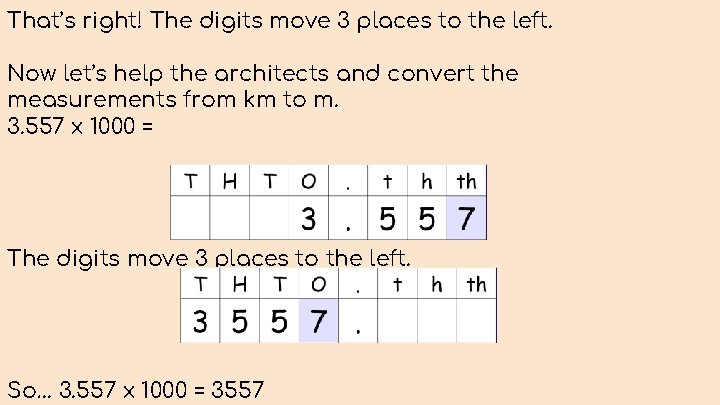 That’s right! The digits move 3 places to the left. Now let’s help the