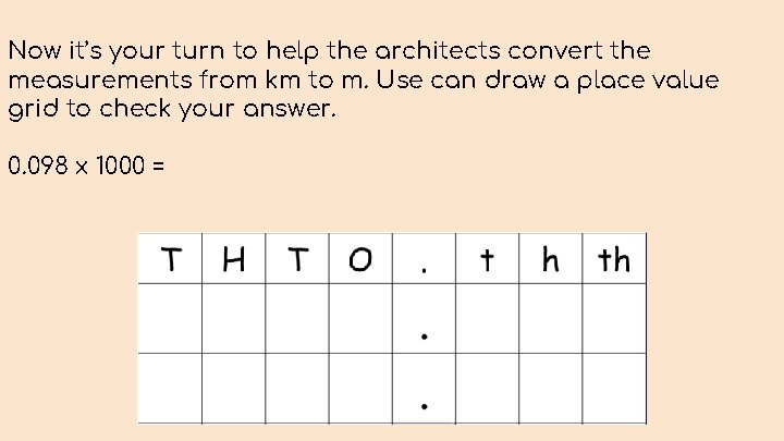 Now it’s your turn to help the architects convert the measurements from km to