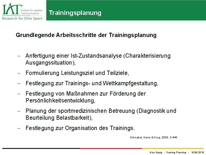 Trainingsplanung Grundlegende Arbeitsschritte der Trainingsplanung Anfertigung einer Ist-Zustandsanalyse (Charakterisierung Ausgangssituation), Formulierung Leistungsziel und Teilziele,