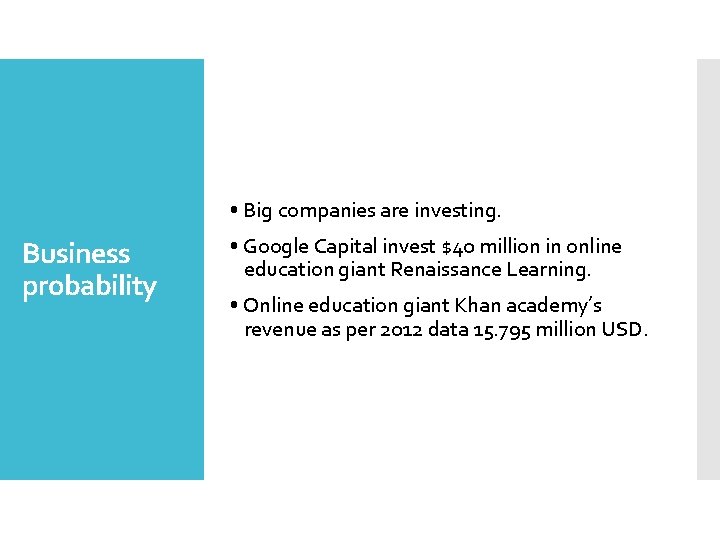  • Big companies are investing. Business probability • Google Capital invest $40 million