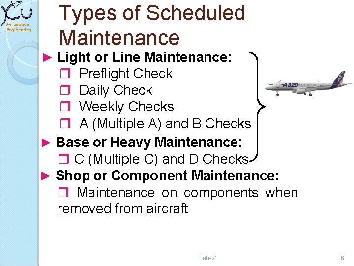 Aerospace Engineering Types of Scheduled Maintenance ► Light or Line Maintenance: Preflight Check Daily