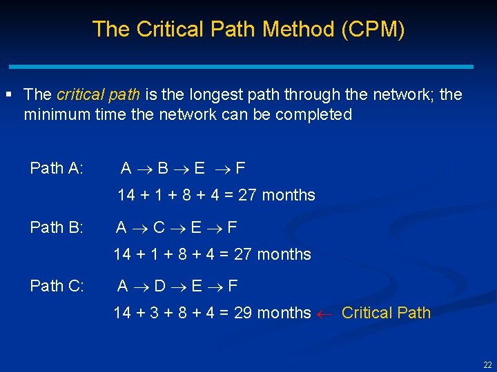 The Critical Path Method (CPM) § The critical path is the longest path through
