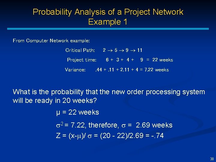 Probability Analysis of a Project Network Example 1 From Computer Network example: 2 5