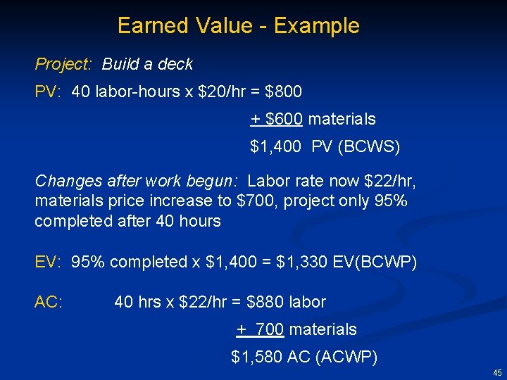 Earned Value - Example Project: Build a deck PV: 40 labor-hours x $20/hr =