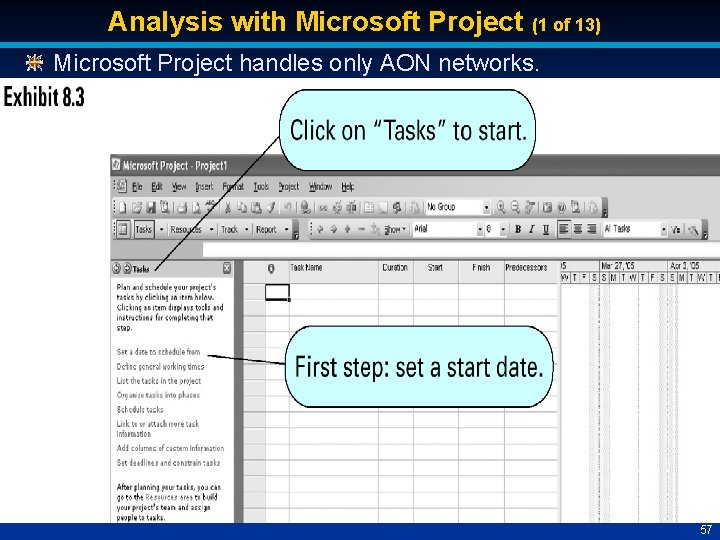 Analysis with Microsoft Project (1 of 13) Microsoft Project handles only AON networks. 57