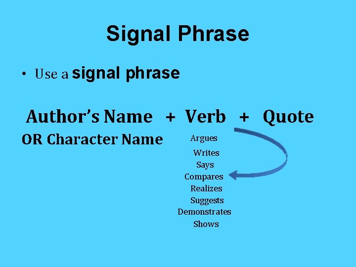 Signal Phrase • Use a signal phrase Author’s Name + Verb + Quote OR