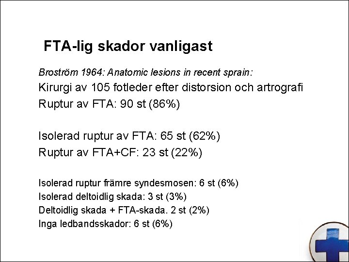 FTA-lig skador vanligast Broström 1964: Anatomic lesions in recent sprain: Kirurgi av 105 fotleder