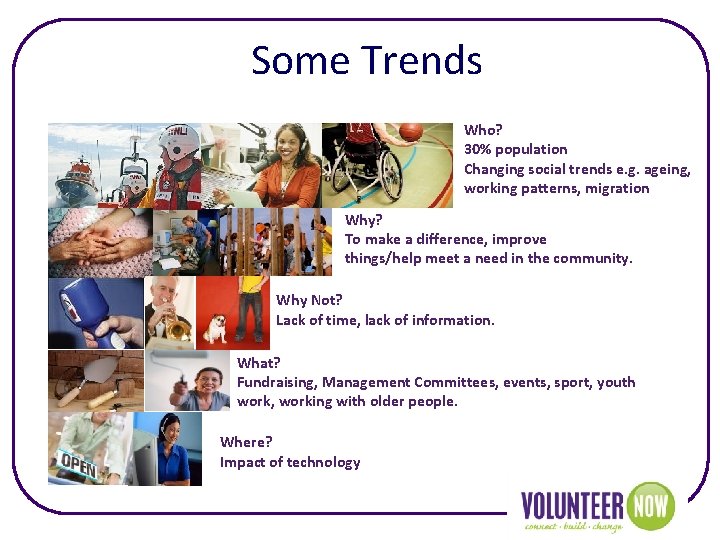Some Trends Who? 30% population Changing social trends e. g. ageing, working patterns, migration