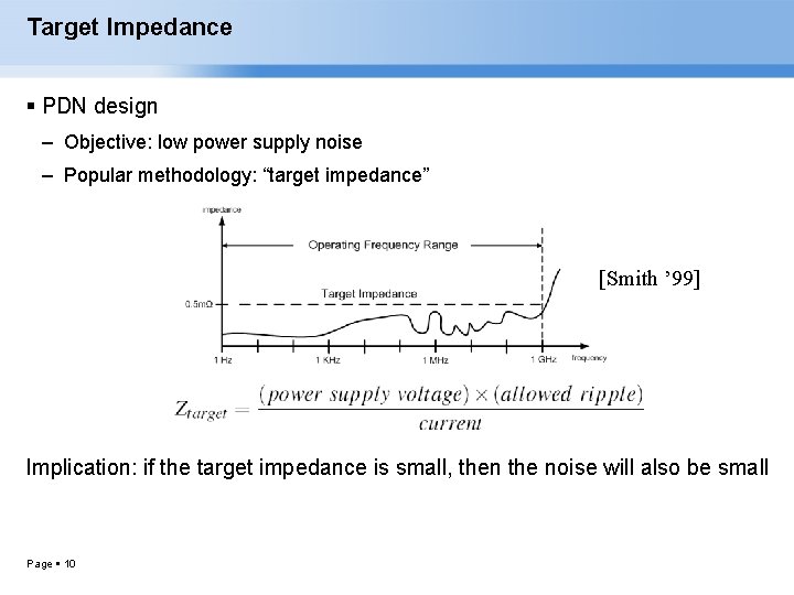 Target Impedance PDN design – Objective: low power supply noise – Popular methodology: “target