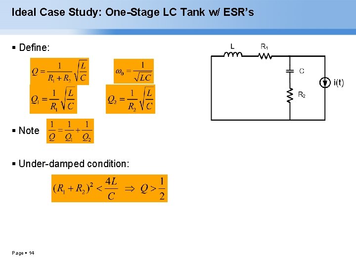 Ideal Case Study: One-Stage LC Tank w/ ESR’s Define: Note Under-damped condition: Page 14