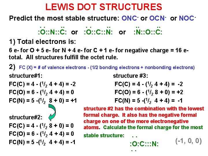 LEWIS DOT STRUCTURES Predict the most stable structure: ONC- or OCN- or NOC. .