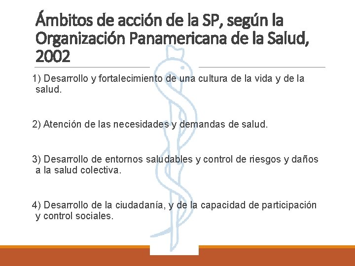 Ámbitos de acción de la SP, según la Organización Panamericana de la Salud, 2002