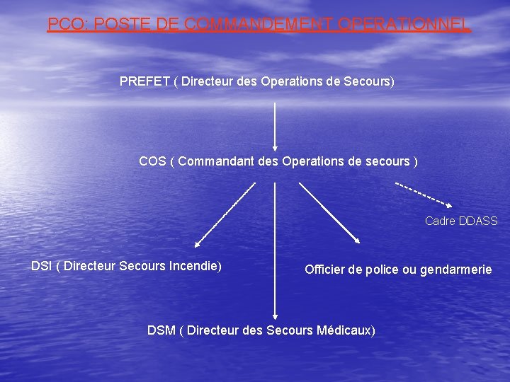 PCO: POSTE DE COMMANDEMENT OPERATIONNEL PREFET ( Directeur des Operations de Secours) COS (