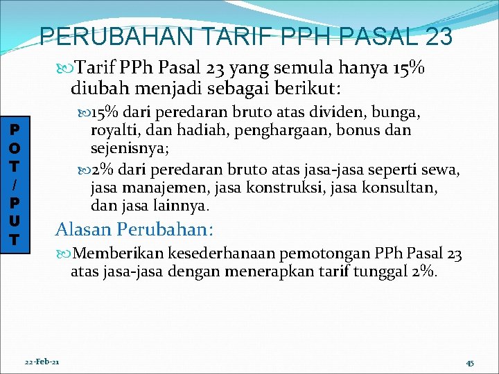 PERUBAHAN TARIF PPH PASAL 23 Tarif PPh Pasal 23 yang semula hanya 15% diubah