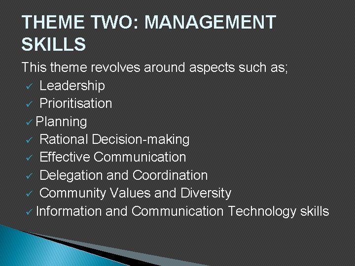 THEME TWO: MANAGEMENT SKILLS This theme revolves around aspects such as; ü Leadership ü