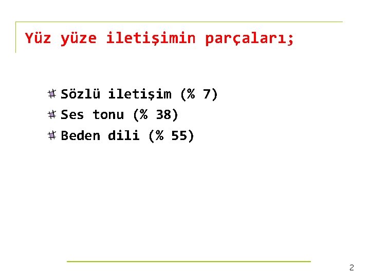 Yüz yüze iletişimin parçaları; Sözlü iletişim (% 7) Ses tonu (% 38) Beden dili