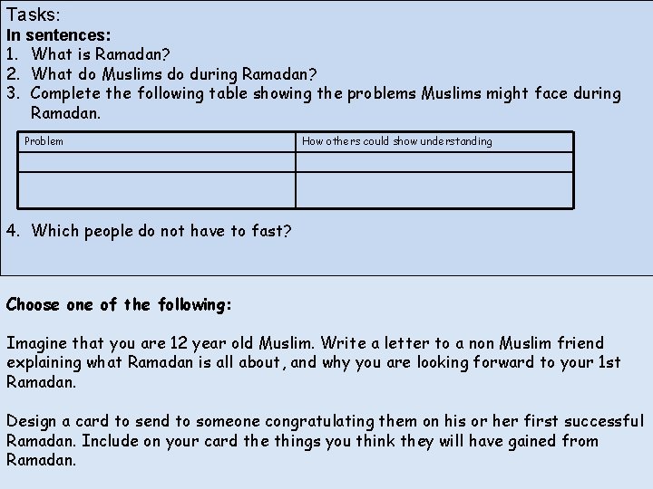 Tasks: In sentences: 1. What is Ramadan? 2. What do Muslims do during Ramadan?