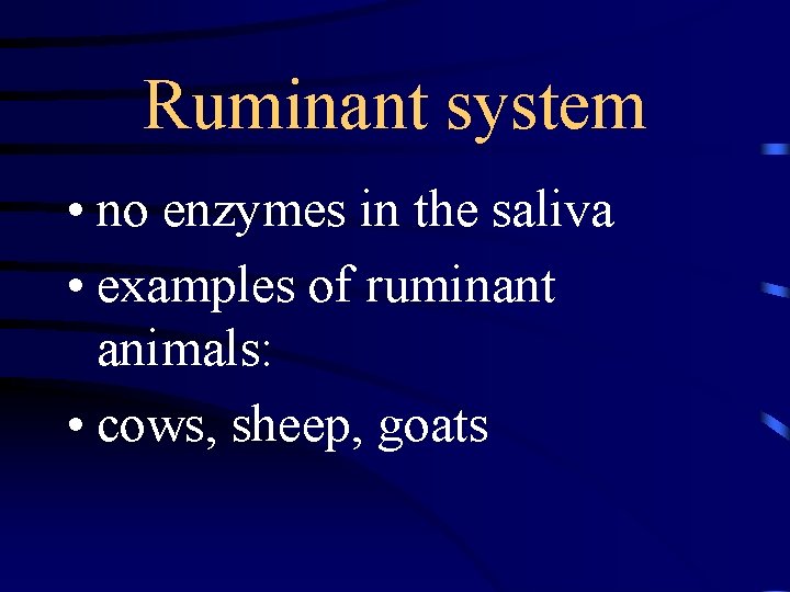 Ruminant system • no enzymes in the saliva • examples of ruminant animals: •