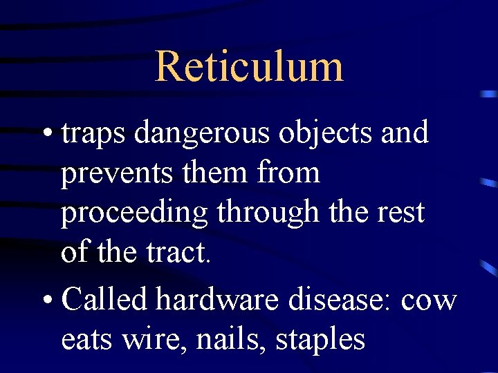 Reticulum • traps dangerous objects and prevents them from proceeding through the rest of
