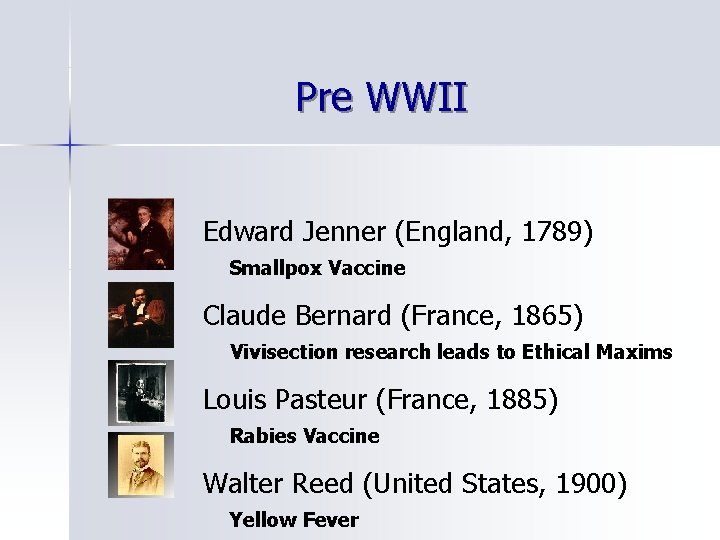 Pre WWII Edward Jenner (England, 1789) Smallpox Vaccine Claude Bernard (France, 1865) Vivisection research