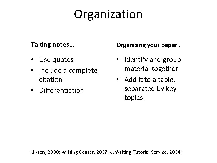Organization Taking notes… Organizing your paper… • Use quotes • Include a complete citation