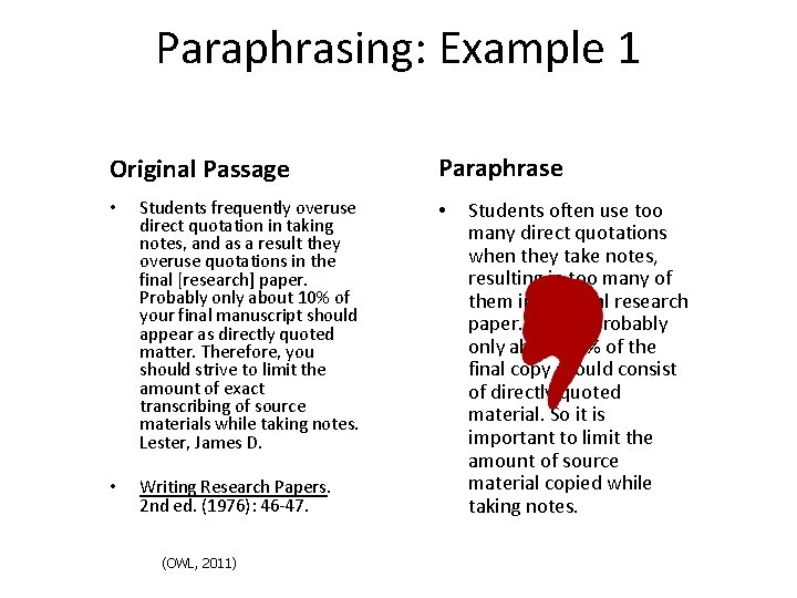 Paraphrasing: Example 1 Original Passage • Students frequently overuse direct quotation in taking notes,