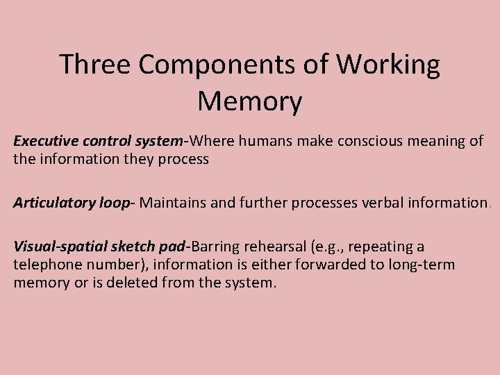 Three Components of Working Memory Executive control system-Where humans make conscious meaning of the