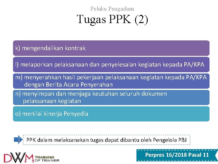 Pelaku Pengadaan Tugas PPK (2) k) mengendalikan kontrak l) melaporkan pelaksanaan dan penyelesaian kegiatan Pelaku Pengadaan Tugas PPK (2) k) mengendalikan kontrak l) melaporkan pelaksanaan dan penyelesaian kegiatan