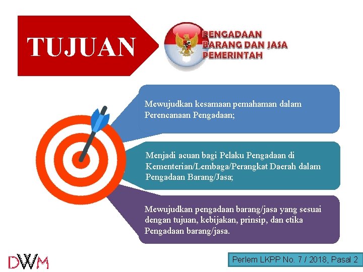 TUJUAN Mewujudkan kesamaan pemahaman dalam Perencanaan Pengadaan; Menjadi acuan bagi Pelaku Pengadaan di Kementerian/Lembaga/Perangkat TUJUAN Mewujudkan kesamaan pemahaman dalam Perencanaan Pengadaan; Menjadi acuan bagi Pelaku Pengadaan di Kementerian/Lembaga/Perangkat