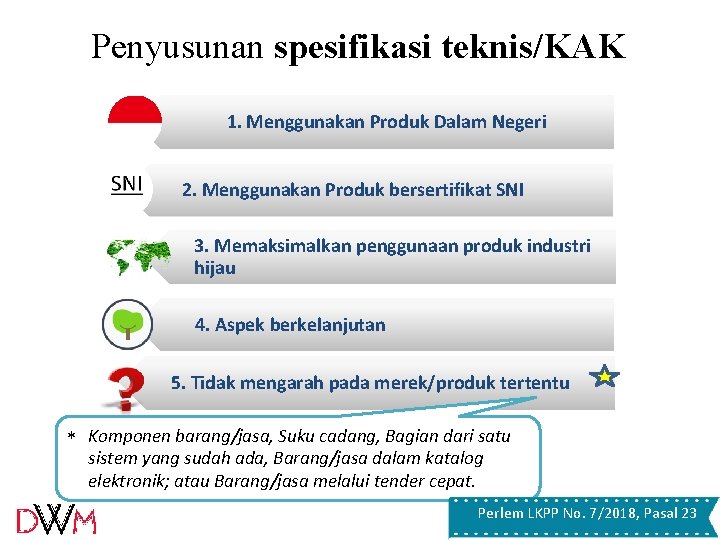 Penyusunan spesifikasi teknis/KAK 1. Menggunakan Produk Dalam Negeri 2. Menggunakan Produk bersertifikat SNI 3. Penyusunan spesifikasi teknis/KAK 1. Menggunakan Produk Dalam Negeri 2. Menggunakan Produk bersertifikat SNI 3.