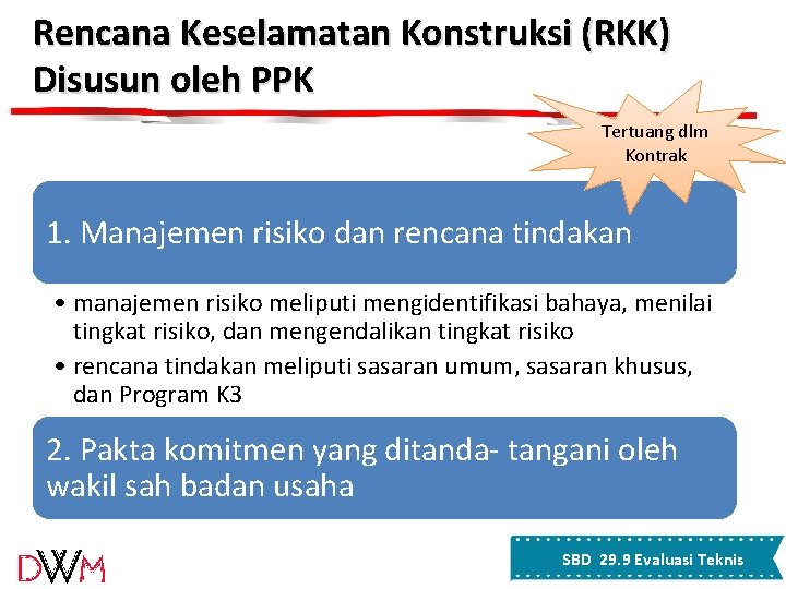 Rencana Keselamatan Konstruksi (RKK) Disusun oleh PPK Tertuang dlm Kontrak 1. Manajemen risiko dan Rencana Keselamatan Konstruksi (RKK) Disusun oleh PPK Tertuang dlm Kontrak 1. Manajemen risiko dan