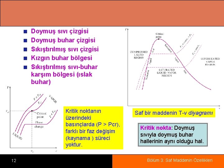 Doymuş sıvı çizgisi Doymuş buhar çizgisi Sıkıştırılmış sıvı çizgisi Kızgın buhar bölgesi Sıkıştırılmış sıvı-buhar