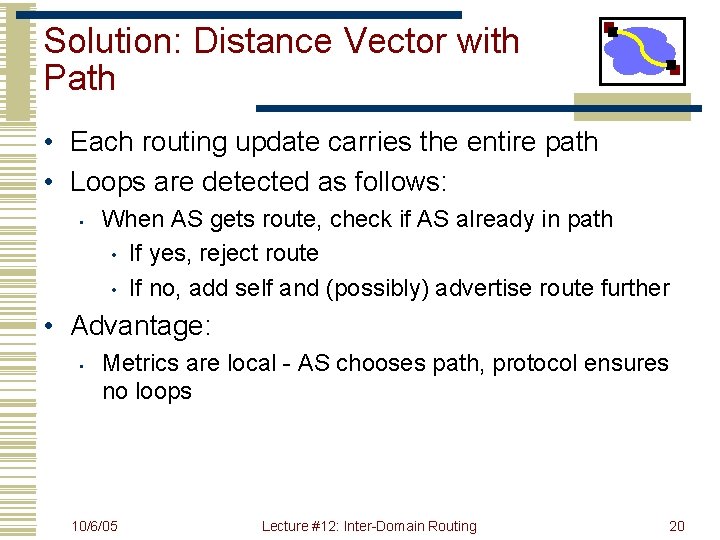 Solution: Distance Vector with Path • Each routing update carries the entire path •