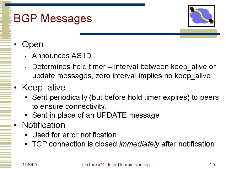BGP Messages • Open • • Announces AS ID Determines hold timer – interval