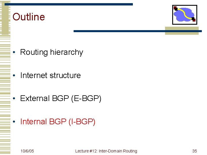 Outline • Routing hierarchy • Internet structure • External BGP (E-BGP) • Internal BGP