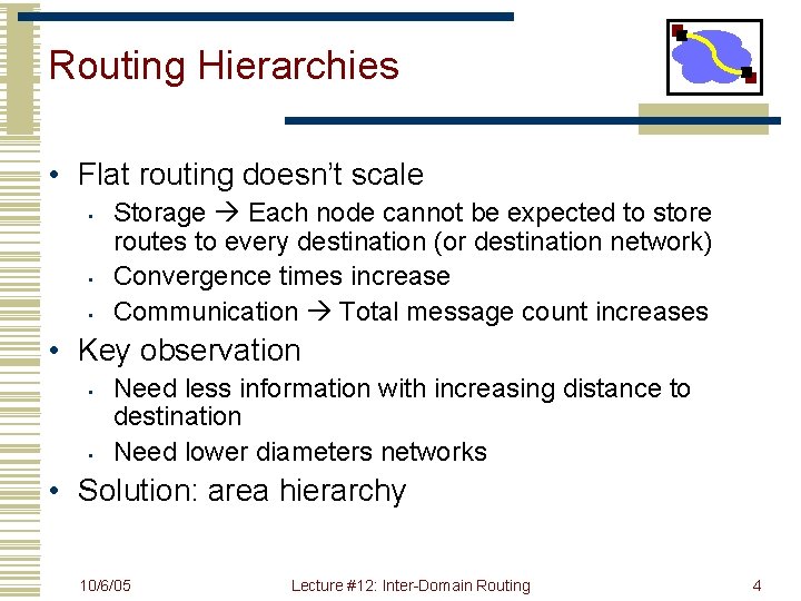 Routing Hierarchies • Flat routing doesn’t scale • • • Storage Each node cannot
