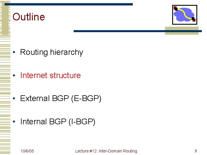 Outline • Routing hierarchy • Internet structure • External BGP (E-BGP) • Internal BGP