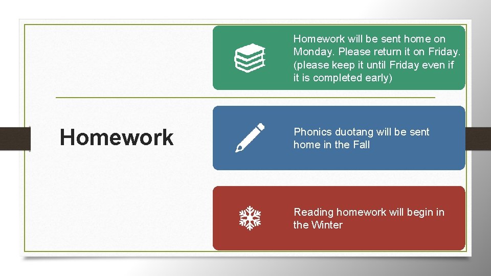 Homework will be sent home on Monday. Please return it on Friday. (please keep
