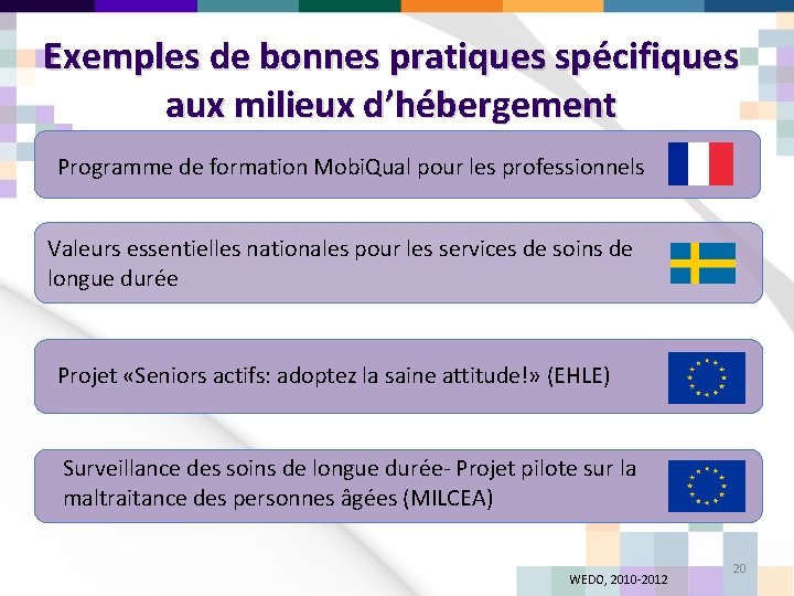 Exemples de bonnes pratiques spécifiques aux milieux d’hébergement Programme de formation Mobi. Qual pour