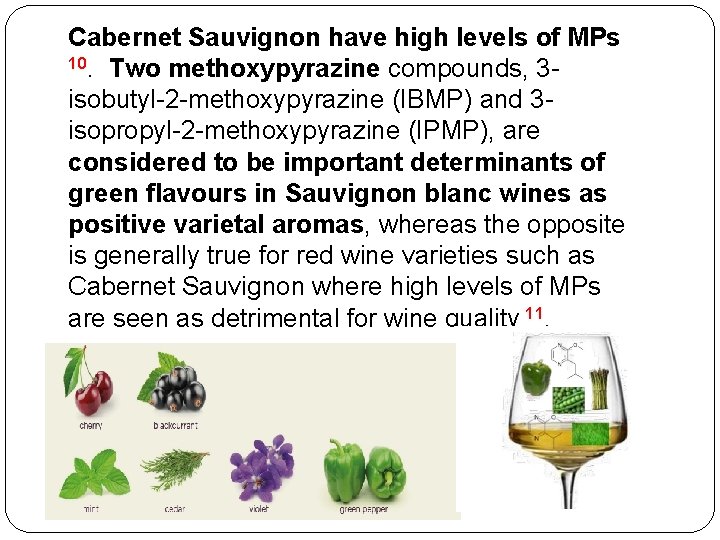  Cabernet Sauvignon have high levels of MPs 10. Two methoxypyrazine compounds, 3 isobutyl-2
