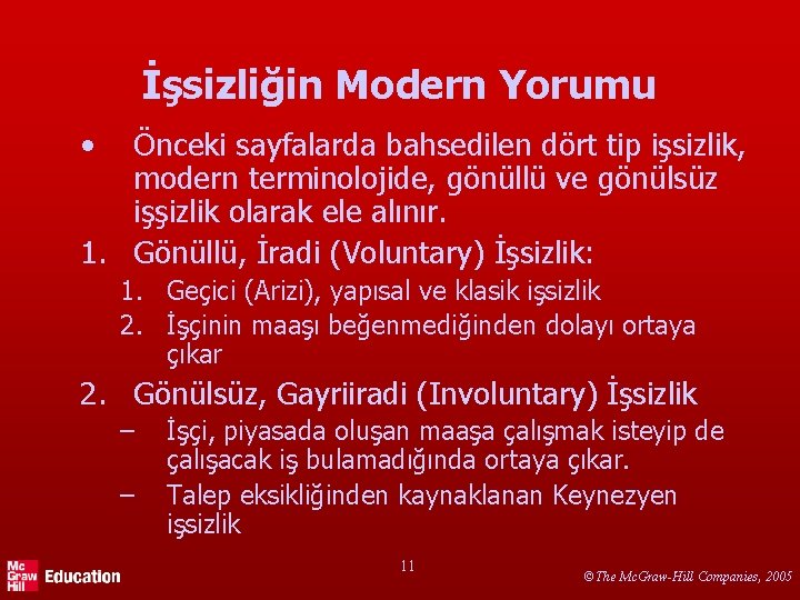 İşsizliğin Modern Yorumu • Önceki sayfalarda bahsedilen dört tip işsizlik, modern terminolojide, gönüllü ve