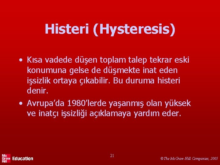 Histeri (Hysteresis) • Kısa vadede düşen toplam talep tekrar eski konumuna gelse de düşmekte
