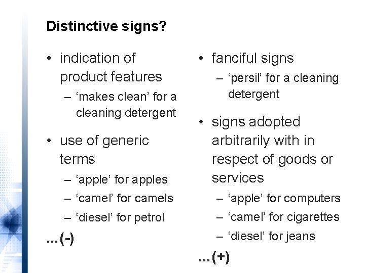 Distinctive signs? • indication of product features – ‘makes clean’ for a cleaning detergent
