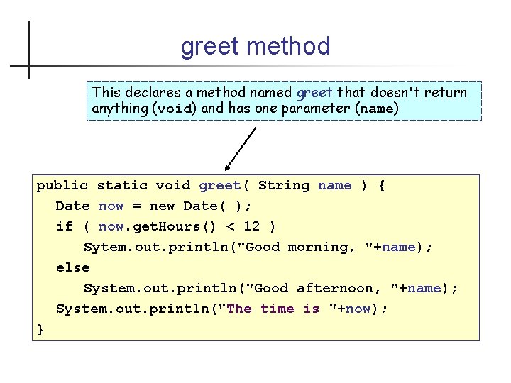 greet method This declares a method named greet that doesn't return anything (void) and
