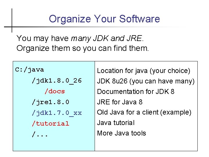 Organize Your Software You may have many JDK and JRE. Organize them so you
