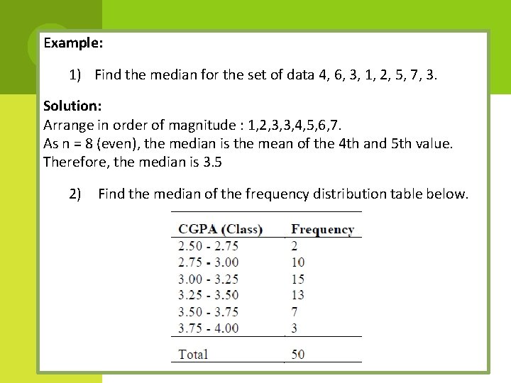 Example: 1) Find the median for the set of data 4, 6, 3, 1,