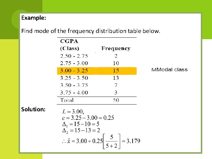 Example: Find mode of the frequency distribution table below. Solution: 