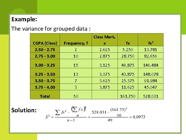 Example: The variance for grouped data : CGPA (Class) 2. 50 - 2. 75