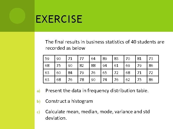 EXERCISE The final results in business statistics of 40 students are recorded as below
